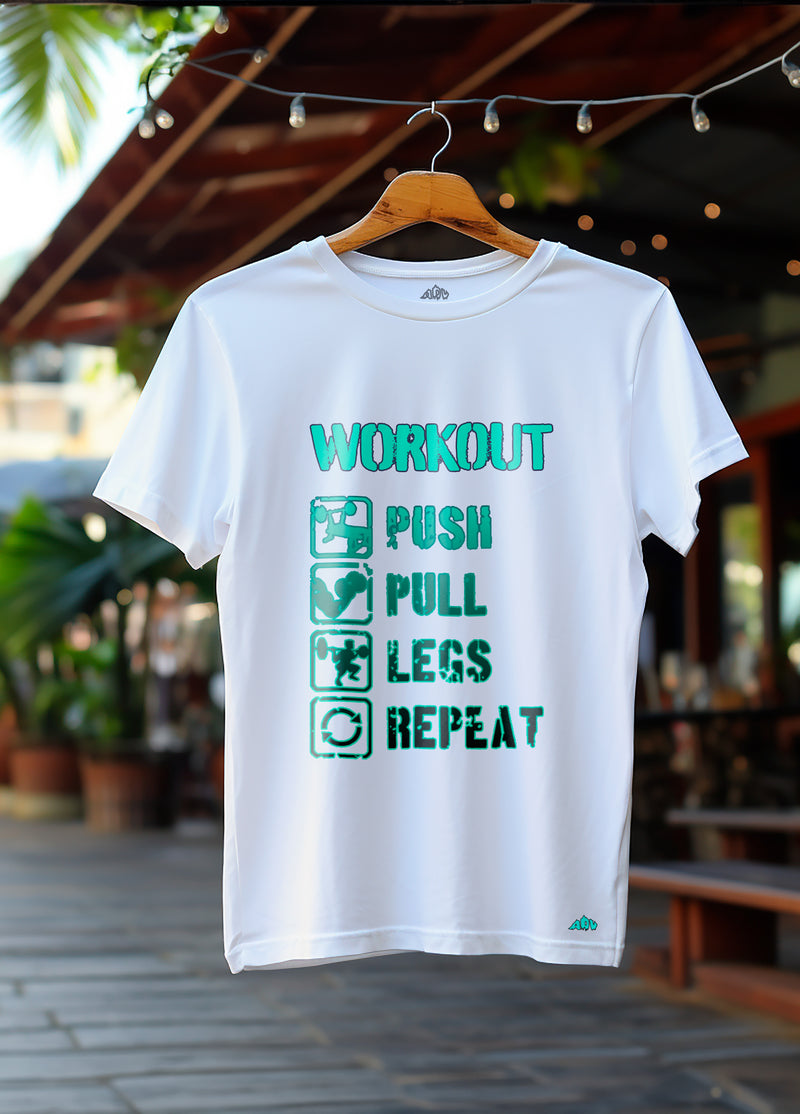 CAMISETA WORKOUT: PUSH, PULL, LEGS, REPEAT, ALGODÃO PREMIUM