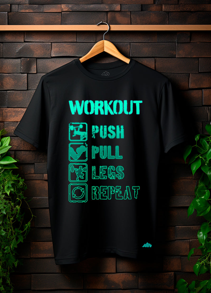 CAMISETA WORKOUT: PUSH, PULL, LEGS, REPEAT, ALGODÃO PREMIUM